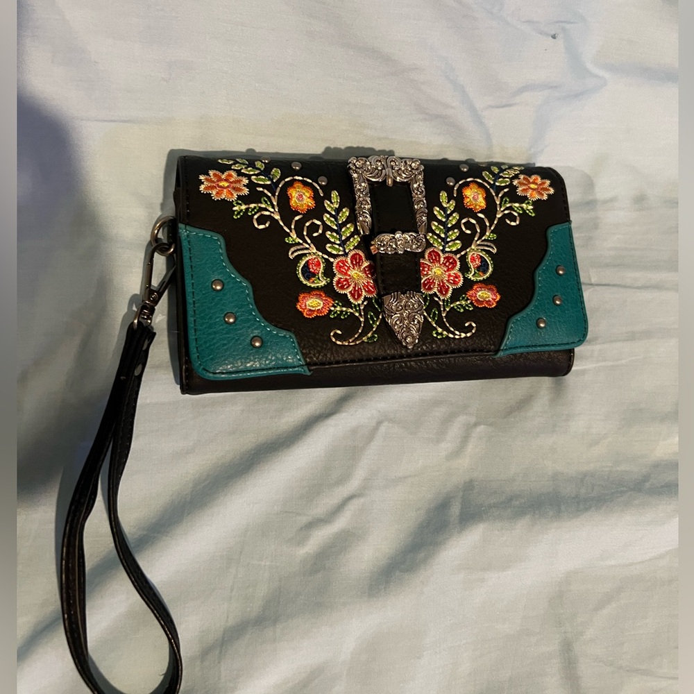 Montana West Black and Teal Floral Embroidered Clutch